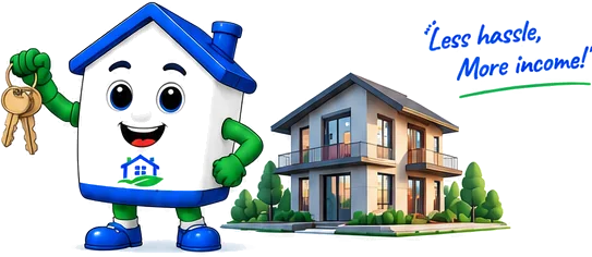 TenantSimplified mascot holding property keys beside a rental home